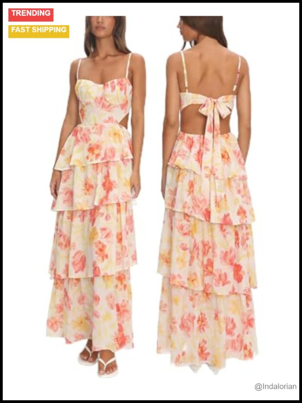 Women's Floral Maxi Dress Spaghetti Strap Sleeveless Bow Back Ruffle Tiered